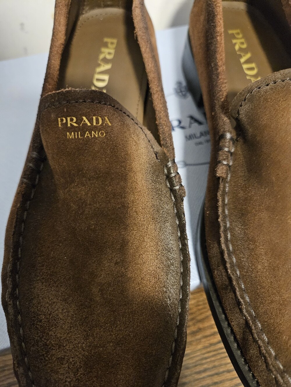 $1,435 Prada Logo Ombre Suede Loafers Brown EU 38.5 US 8.5 BNIB AUTHENTIC - Picture 3 of 9